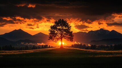 Obraz premium Silhouette tree at sunset over mountains