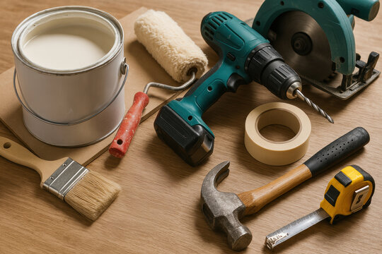 Assorted diy tools and materials for home improvement projects on wooden surface