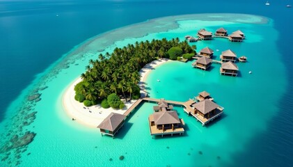Aerial view of tropical island with overwater bungalows on stilts in crystal clear water, relaxation, vacation