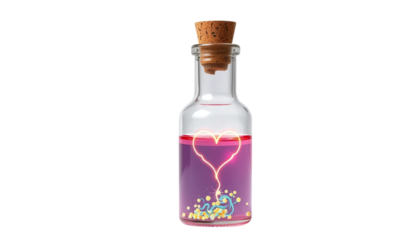 A small glass bottle with a cork stopper filled with a glowing pink and purple liquid, shaped like a heart.