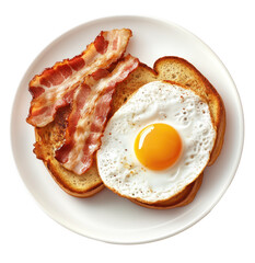 A delicious breakfast plate featuring crispy bacon and a perfectly fried egg on toasted bread, served on a white dish