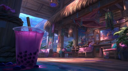 Purple drink spills in a beachside cafe with a thatch roof and hanging decorations