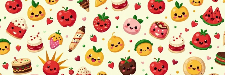 Cute kawaii junk food characters in a seamless pattern for textiles or wallpaper, cute, background