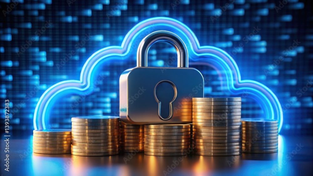 Poster Secure Server Cloud with Coin Stacks and Lock Icon Concept Image