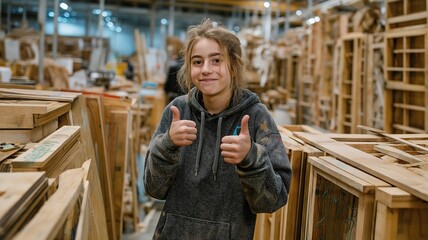 A young person gives the thumbs up in a wooden board-surrounded workshop.