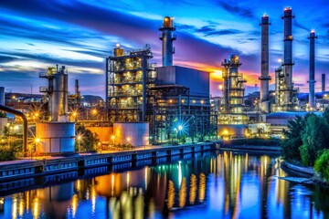 Naklejka premium Industrial Plant Reflecting in Water at Dusk