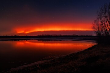 Fototapeta premium Intense Red and Orange Sunset Reflection Over Dark Water with Dramatic Silhouette