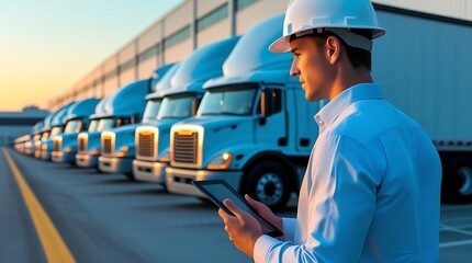 Freight supervisor overseeing operations with digital tablet near warehouse and delivery trucks, emphasizing logistics management, fleet coordination, and shipment tracking

