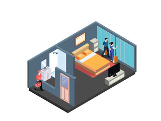 Isometric vector illustration depicting a hotel room interior