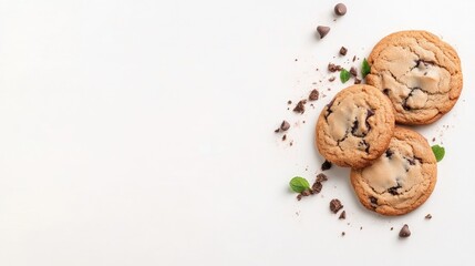 Fototapeta premium Three chocolate chip cookies with mint leaves on a white background, close-up composition with scattered chocolate chips, and sweet dessert concept.