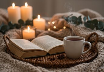 Still life with open book, candles, and steaming mug on a woven tray atop a cozy knitted blanket