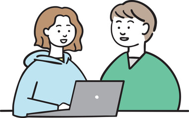 パソコンを前に話し合っている男女のイラスト