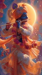 Bright Indian Deity in Colourful Attire with Flute Against Celestial Background