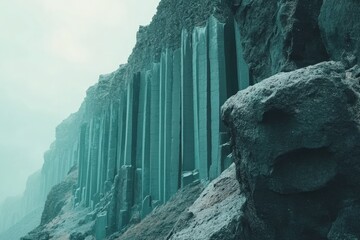 Imposing basalt columns rise from a misty Icelandic landscape, a testament to nature's power and artistry.