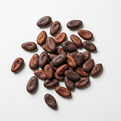 Obraz premium Cocoa beans on white background. Top view, flat lay