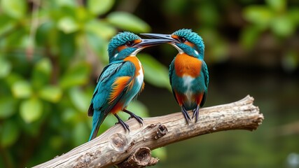 Kingfisher Pair on Wooden Branch, Streamside
