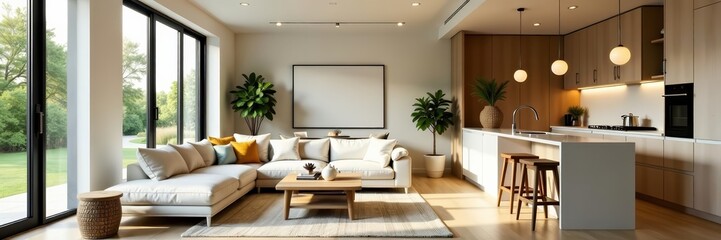 Cozy modern living room featuring open kitchen, natural light, Scandinavian decor, homey, cozy