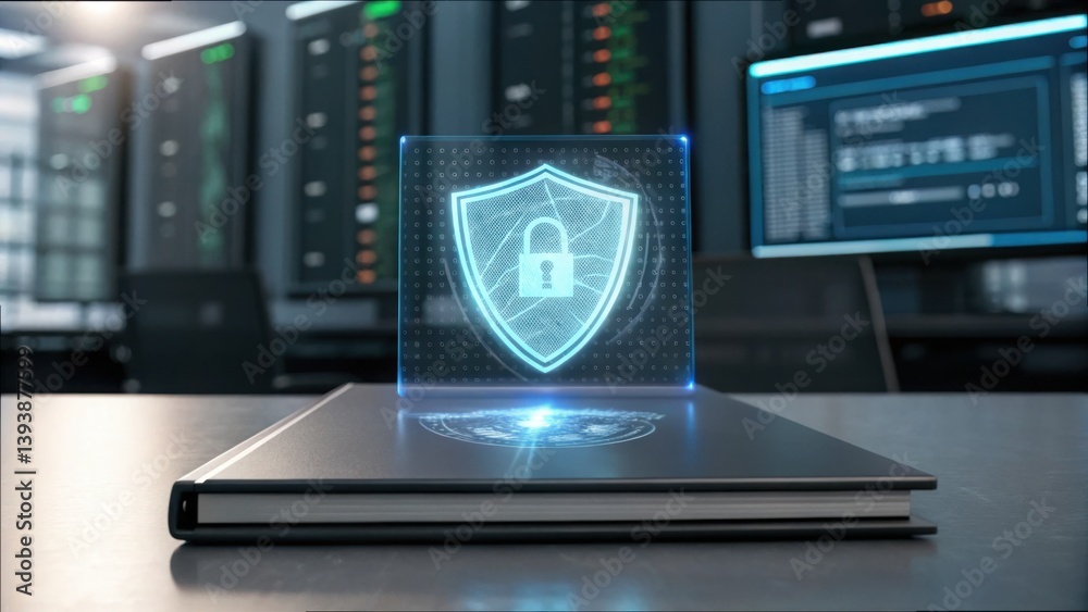 Aufkleber Digital Hologram of Shield with Lock on Folder in Modern Office Space