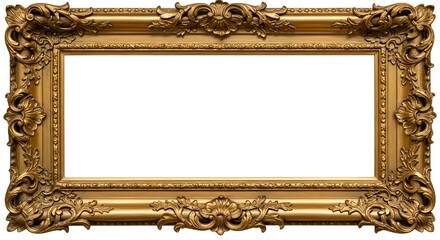 An ornate gold frame with a rectangular opening, featuring elaborate floral carvings, highlighting classic elegance and decorative artistry.