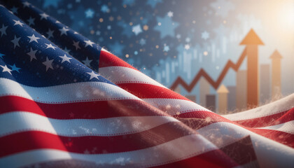 Close-up of the American flag with a blurred rising graph in the background, symbolizing economic growth and patriotism. Concept of national pride and progress.
