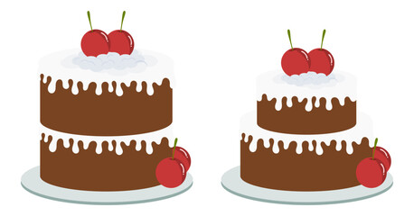 Chocolate cake with icing decorations and cherries	