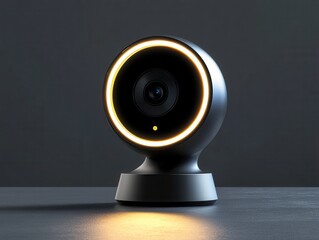 Modern black security camera with yellow ring light on dark background