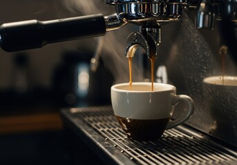 Espresso machine pouring coffee into a two tone cup on a metal drip tray with steam rising up
