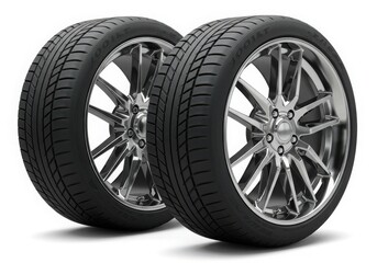 Two tires with chrome rims are displayed against a white background in a studio setting view