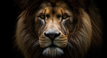 Fototapeta premium A striking portrait of a male lion, showcasing its powerful features and intense gaze against a dark background, highlighting its regal presence.
