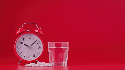 Red alarm clock, pills, and a glass of water on a red background &mdash; a concept of medication schedule or morning health routine.