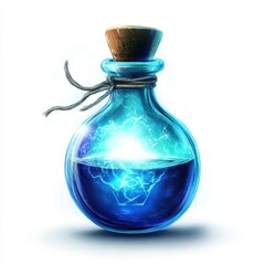 A glowing blue potion contained in a glass bottle with a cork, emitting a mystical aura, suggesting magical properties.