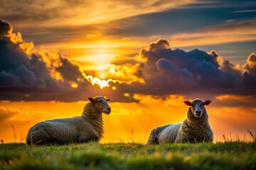 Fototapeta premium Silhouetted Sheep Resting in a Summer Pasture at Sunset A Peaceful Idyll of Rural Beauty