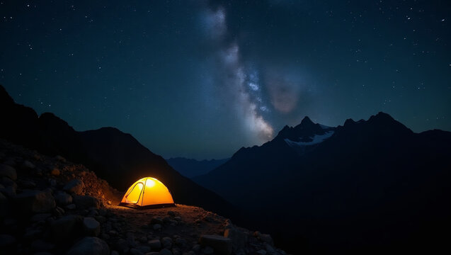 Starry Sky and Milky Way Over Mountain Landscape