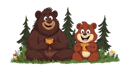 Two bears enjoying a drink in a forest setting