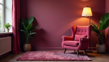Cozy corner with velvet armchair, floor lamp, plush rug, chic, trendy