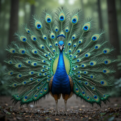 Obraz premium A stunning 3D render of a vibrant male peacock with its feathers fully fanned out.