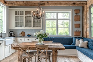 Dining nook in architectural kitchen with built-in seating, wooden table, white cabinets, blue accents, flowers, and chandelier. Natural light from windows.