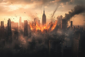 Fototapeta premium A city skyline is shown with a large cloud of smoke in the background