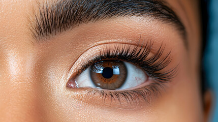 Obraz premium Close-Up Of A Woman's Brown Eye With Long Lashes And Glitter Makeup