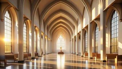 Obraz premium Serene Sanctuary Sunlight Illuminates a Grand Hall with High Arched Ceilings and Elegant Seating