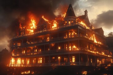 Fototapeta premium A large building is on fire with flames shooting out of the top