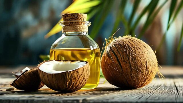 Coconut oil in glass bottle with whole and halved coconuts on rustic wooden surface, surrounded by tropical palm leaves, creates natural ambiance.