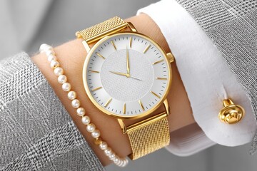 A close-up of a luxury watch on a man wrist with suit cuffs and polished cufflinks