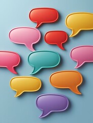 Colorful 3D speech bubbles arranged on pastel blue background, symbolizing communication, social interaction, dialogue, and creative conversation in modern media

