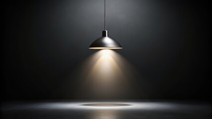 A single illuminated pendant lamp casts a soft, warm glow onto a dark, empty floor