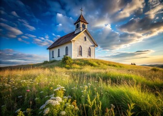 Fototapeta premium Charming White Church Nestled on a Verdant Hilltop Under a Majestic Blue Sky a Peaceful Urban Escape