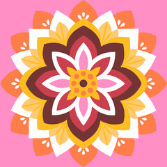A vibrant mandala bursting with warm hues, celebrating life's beauty in a symmetrical, joyful design on a pink background.