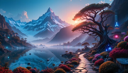 Serene Mountain Lake with Path and Majestic Peak Scenery at Sunset