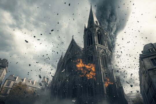 A large clock tower has been destroyed by a bomb