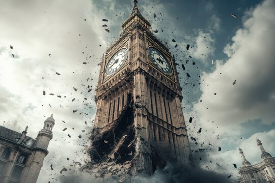 A large clock tower has been destroyed by a bomb